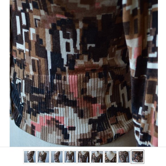 Women Cropped Blouse Cashmere|Silk Long Sleeve Geometric V Neck - Picture 7 of 7